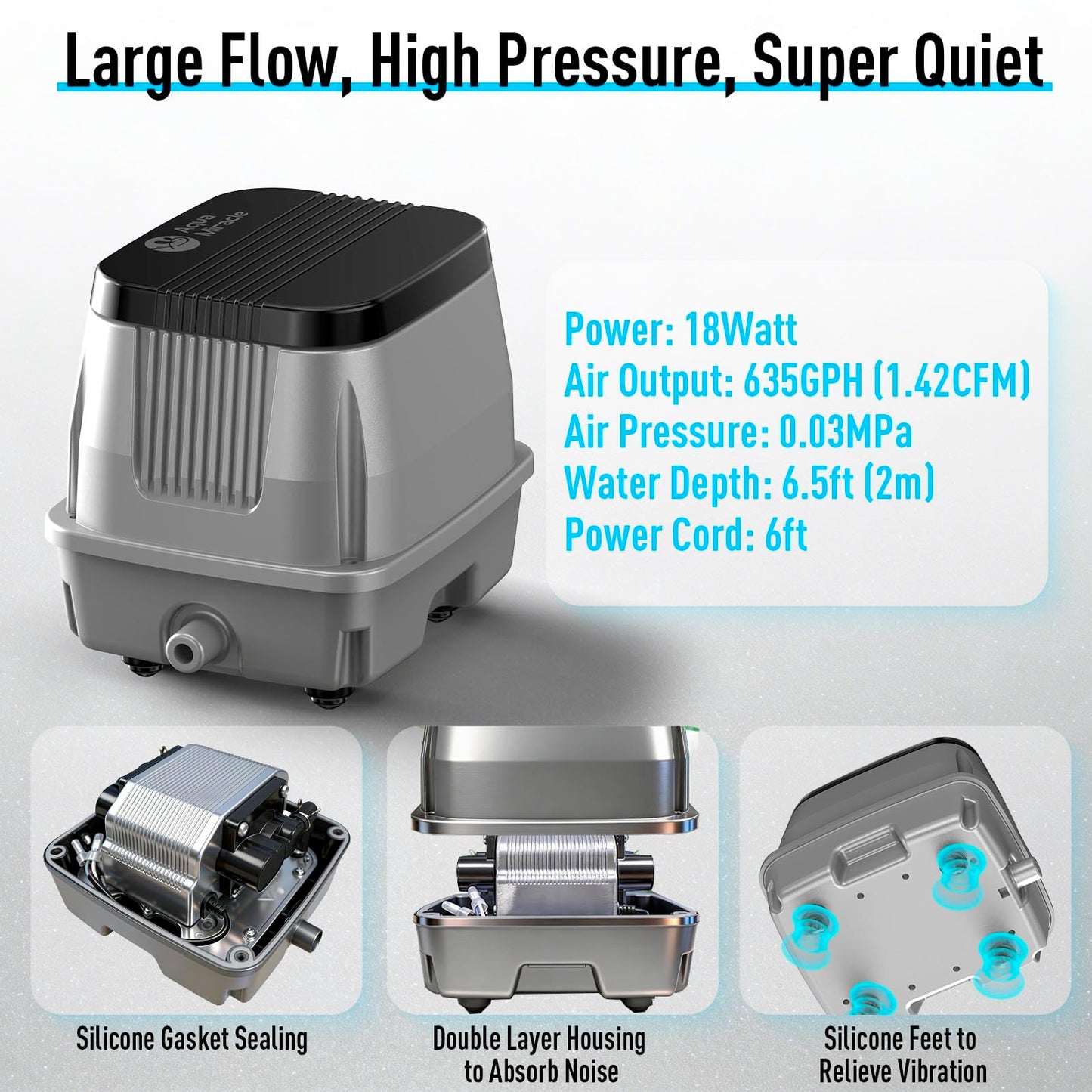 AquaMiracle Koi Pond Aerator Pond Air Pump for Outdoor Ponds 5000-10000 Gallons, All-in-One Aeration Kit with Self-Sinking Airline Flow Control Rubber Air Diffuser