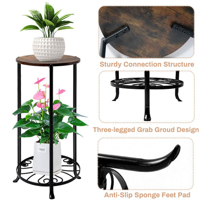 Uniqcovosa Plant Stand Indoor, 2 Tier Wood Round Potted Holder Rack, 27 " Tall Flower Pot Stand Shelf, Round Supports Plant Stand for Large Plants, Corner Plant Shelf for Balcony Garden Patio Living Room, Brown