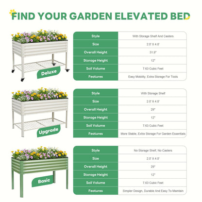 STBoo Elevated Raised Garden Bed with Legs - 48''x24''x32'' Galvanized Metal Standing Planter Boxes Outdoor with Bottom Storage Shelf for Backyard, Patio, Balcony, Vegetables, Flowers, White