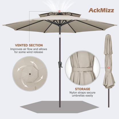 AckMizz 9ft Outdoor Patio Umbrella - 2-Tier Table Umbrella Waterprool UV Protection, Sombrillas de Patio with Push Button Tilt, Sun Umbrella for Pool, Porch, Garden, Backyard (Taupe)