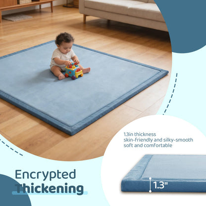 TreeBud Baby Play Mat for Floor, 1.3 Inch Thick Memory Foam Tummy Time Mat with Non Slip Backing, Soft Coral Velvet 71X79 Inch Playpen Mat Crawling Tatami for Infants Toddlers Kids, Midnight Blue