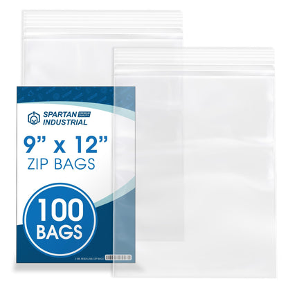 Spartan Industrial - 9" X 12" (100 Count) 2 Mil Clear Reclosable Zip Plastic Poly Bags with Resealable Lock Seal Zipper