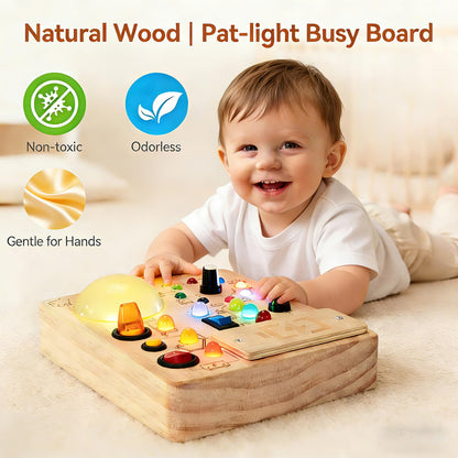 Toddler Busy Board ,Montessori Toy with Tap Light ,6.9"x5.9" Wooden Busy Board with LED Traffic Light for Kids , Travel Sensory Toys for 1+ Year Old baby Christmas/Birthday Gift(Battery Not Included)