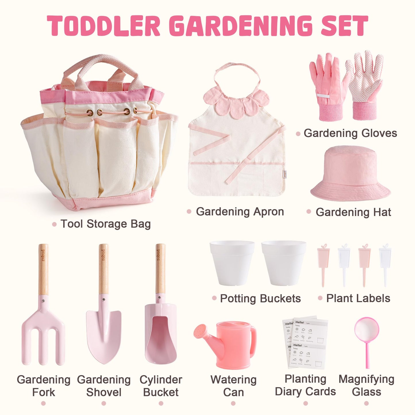 ROBUD Kid Gardening Set, Wooden Garden Tool for Kid, Garden Tool Kit with Tool Storage Bag, Apron, Gloves, Montessori Toys for Kids to be Closed to Nature, WRP51