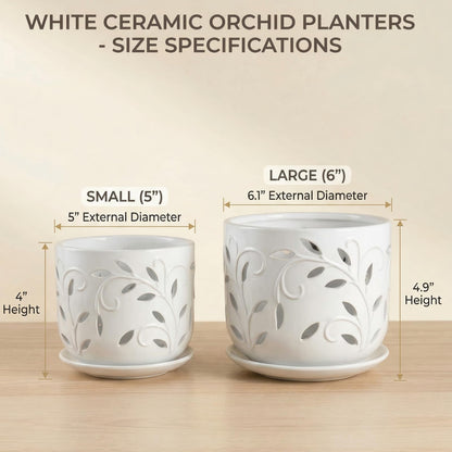 EFISPSS Ceramic Orchid Pots 5+6 Inch White with Drainage Holes & Tray, Breathable Airflow, Indoor & Outdoor