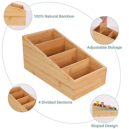 HTB 4-Section Snack Organizer with Removable Dividers for Kitchen, Cabinet, Office, Countertop, 2 Pack Bamboo Pantry Storage Organization for Spice Packets, Seasoning Pouches, Coffee Pods
