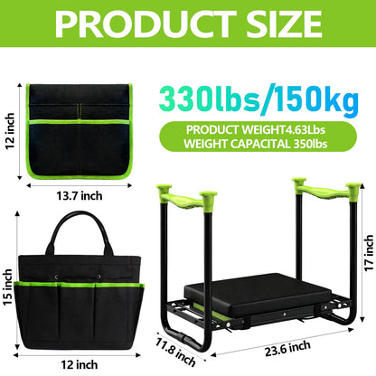 Garden Kneeler and Seat, Heavy Duty Gardening Stool with 1.8" Thick Detachable Kneeling Pad, Foldable Bench Chair with Tool Pouch and Bag for Knee & Back Pain Relief for Women, Men, Seniors (Green)