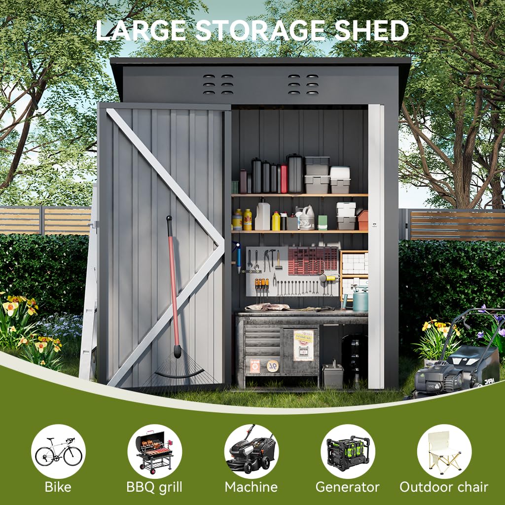 COMHOMA Shed Outdoor Storage Shed Metal,Lockable Doors Tool Sheds with Sloping Roof,Steel Garden Shed with Air Vent for Backyard,Patio,Lawn,Poolside(Grey,5'*3')
