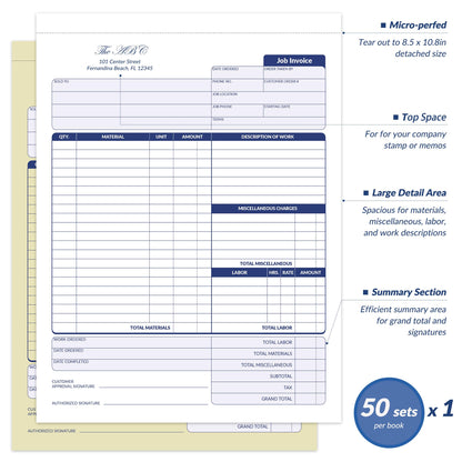 Harfesto Job Work Order Forms, Large Size Contractor Invoice Book 8-1/2" x 11-7/16", Invoice Receipt Book for Small Business, 2-Part Carbonless Forms, 50 Sets