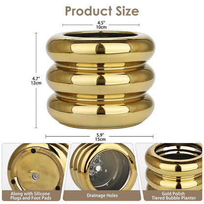 Briful Gold Ceramic Planter Pot with Drainage Hole 6in Polished Tiered Bubble Flower Planter Garden Pot for Indoor Plants Modern Home Office Decor