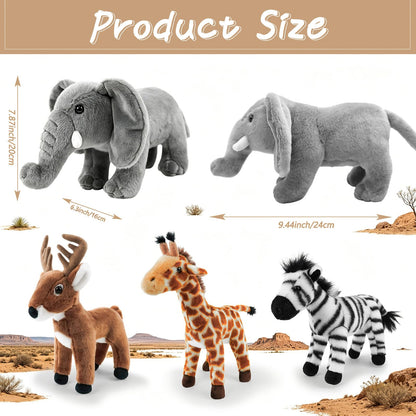 4-Pack 8" Plush Safari Stuffed Animals Set – Giraffe, Zebra, Deer and Elephant, Ultra Soft Washable Jungle Toys for Kids, Adorable Nursery Decor for Toddlers