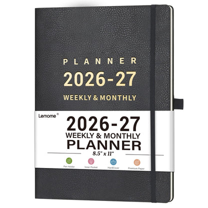 Planner 2026-2027 - 8.5" x 11" 2026-2027 Planner Weekly and Monthly, July 2026 - June 2027, Faux Leather Cover, Pen Holder, Pocket, 25 Notes Pages, A4 Premium Paper - Gray