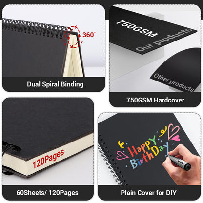 EUSOAR College Ruled Spiral Notebook, B5 6Packs 7.3"x10.2" 120 Pages Black Hardcover Ruled Travel Writing Notebooks Journal, Memo Notepad Sketchbook, Students Office Business Subject Diary Book