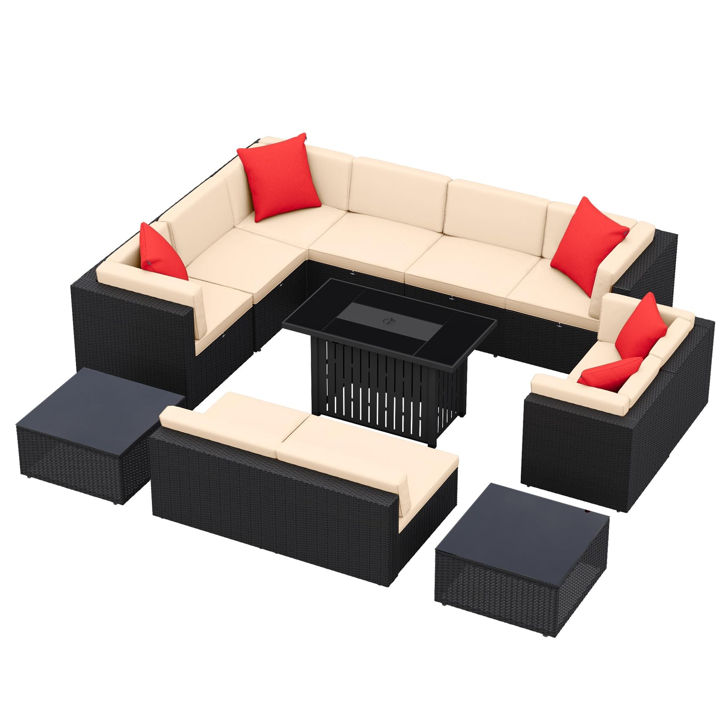 Greesum Patio Furniture Sets 13-Pieces Outdoor PE Rattan Sectional Sofa w/43in Gas Fire Pit Table Sets 55000 BTU Add Warmth to Gatherings Parties On Deck Garden Backyard, OneSize, Beige