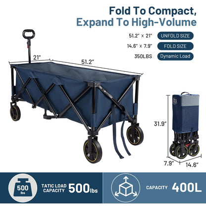 Timber Ridge 51.2'' Extended Collapsible Wagons Carts Foldable, 500LBS Heavy Duty Sports Wagon with Adjustable Handle, 400L Capacity Portable Cart for Camping Shopping