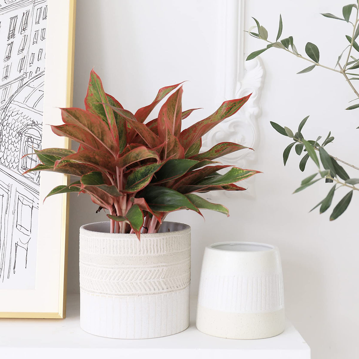 LA JOLIE MUSE Flower Pots Indoor Plant Pot Set of 2, Unique Small Ceramic Plants Planter, 6.4+ 5.1 Inch Planters, Beige