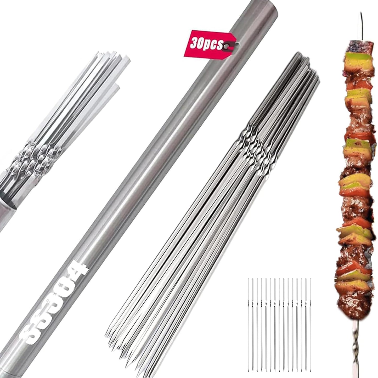 【30-PACK 304 Stainless Steel with Holder】Titan Skewers for Grilling – Flat BBQ Skewers with Storage Tube | Food-Grade, Rust-Proof & Dishwasher Safe | 13.2" Kebab Sticks for Meat, Veggies & Shrimp