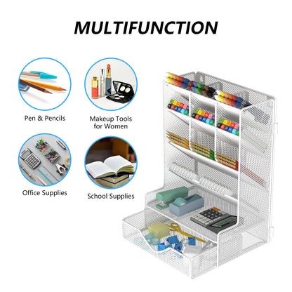BOHDK Pen Organizer for Desk, Multi-Functional Desk Organizer, Wall Mount Pen Holder with Drawer for School, Office, Home, Art Supplies, White