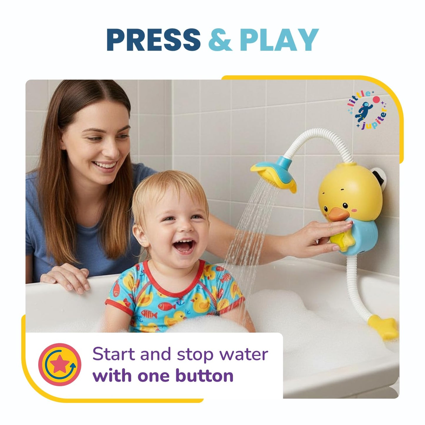 Yellow Duck Water Spray Suction Cup Toddler Bath Toy for Boys and Girls - 18+ Months and Up - Features Waterproof Recycling Water Pump with Multi-Spray Modes for Bathtime Water Play in Bathtub