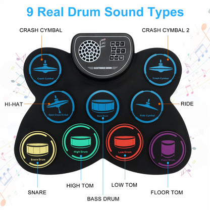 Electronic Drum Set, Marrilley 9 Drum Practice Pad with Headphone Jack, Roll-up Pad Machine Built-in Speaker Drum Pedals Sticks 10 Hours Playtime, Great Holiday Xmas Birthday Gift for Kids
