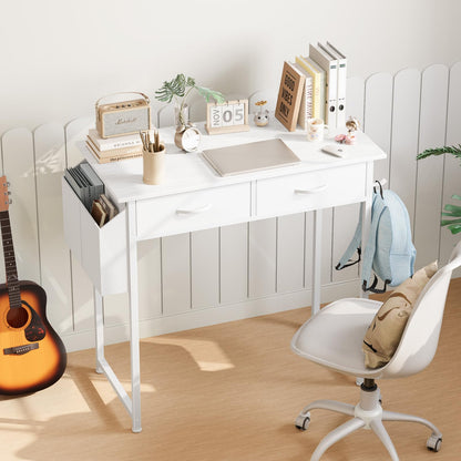 Sweetcrispy Computer Desk Small 32 Inch Home Office Bedroom Writing Study PC Table with Fabric Storage Drawers Space Side Bag Headphone Hook Metal Frame Adjustable Feet Modern Simple Style, White Wood