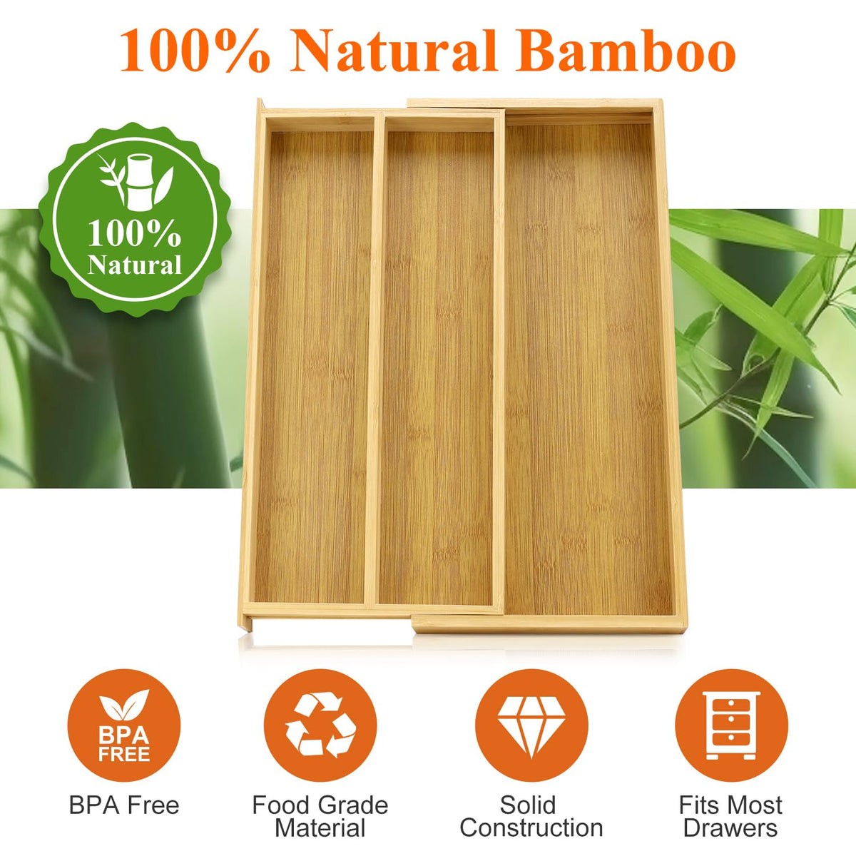 Large Bamboo Silverware Drawer Organizer Tray Kitchen Tool Drawer Divider Organizers Storage Expandable Cooking Utensil Organizer Wooden Cutlery Tray Spoon Flatware Organizers Utensil Holder Drawers