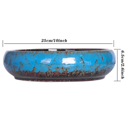 ARTKETTY 2 Pack Large Bonsai Pots with Drainage, Shallow Succulent Plant Pots with Stand, Ceramic Pots for Indoor Plants, Decorative Cactus Flower Planter Bowl