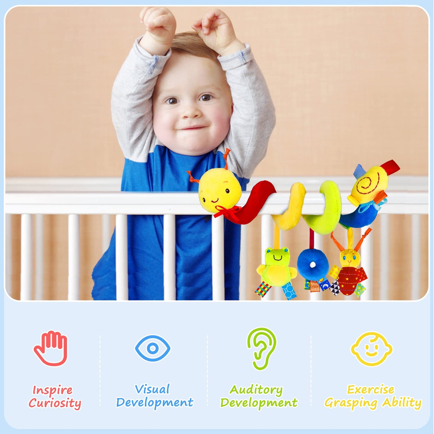 Spiral Car Seat Activity Toy, Stroller Arch Toy, Baby Crib Toys Hanging for Infant Boy Girl Ages 0-12 Months, Newborn Sensory Toy with Rattle, Squeaky, Ringing Bell for Bassinet, Stroller, Crib