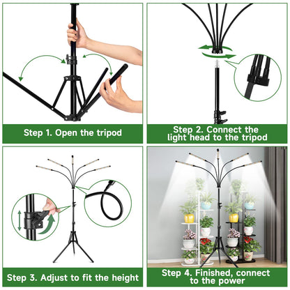 Garpsen Grow Lights for Indoor Plants, 5 Heads Full Spectrum Grow Light with Adjustable Tripod Stand, 100PCS LEDs Plant Light for Indoor Plants with 6/12/16H Timer and 3 Light Modes(No Clip)