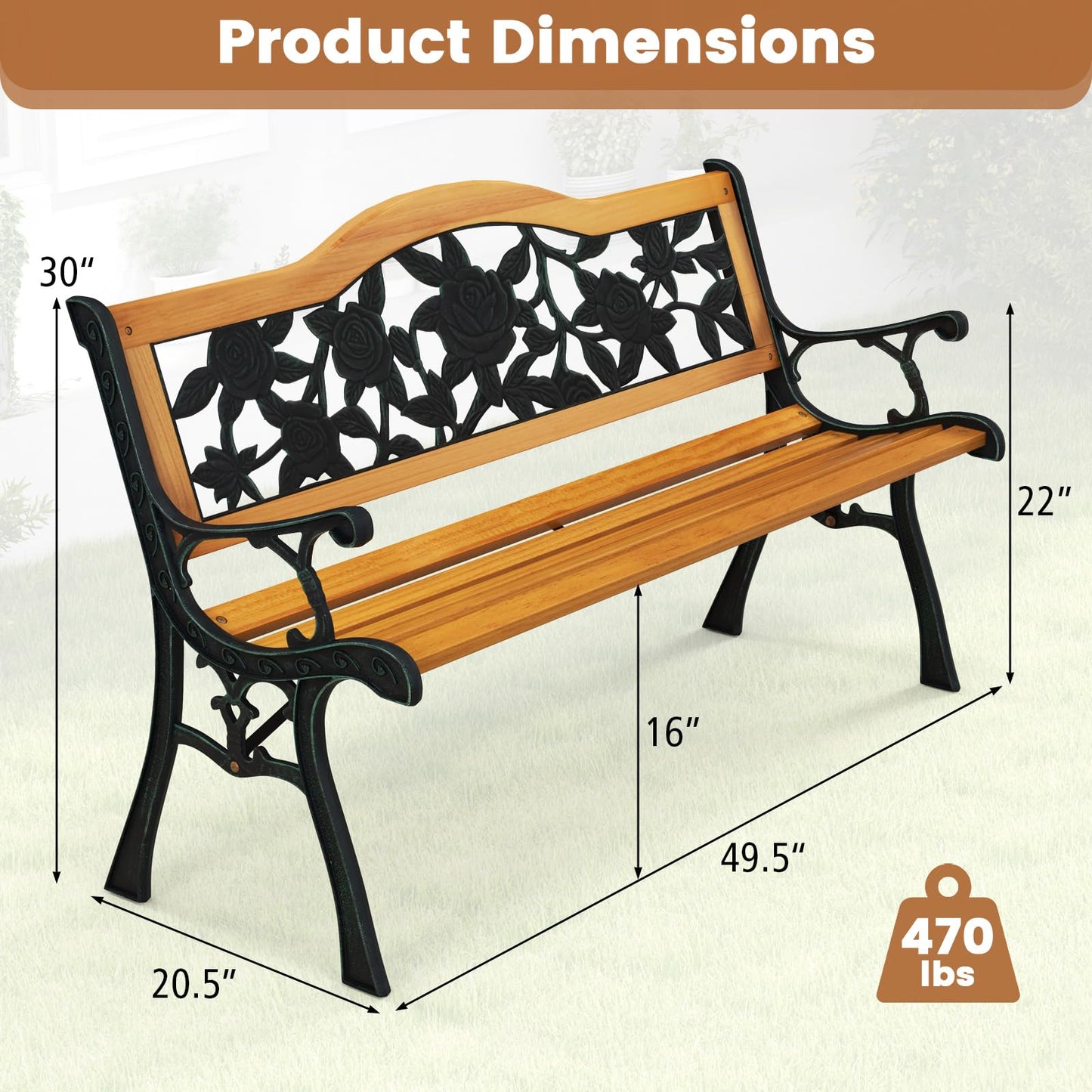 Tangkula Outdoor Garden Bench Park Bench, Patio Furniture Bench Chair with Cast Iron & Hardwood Structure, Weather Proof Porch Loveseat, Perfect for Backyard, Deck, Lawn, Poolside