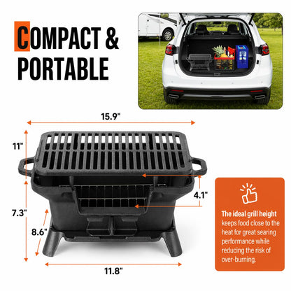 Hibachi Grill Outdoor, Portable Mini Charcoal Grill, Pre-Seasoned Cast Iron, Small Japanese Yakitori Tabletop Skillet Grill Stove for Outdoor Camping
