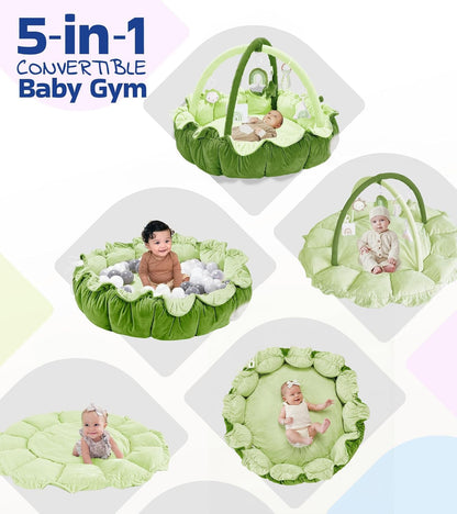 Little Dove 5-in-1 Convertible Baby Play Gym with 6 Toys, Tummy Time Mat for Sensory Development, Baby Activity Center from Newborn to Toddler, Ball Pit, Cat & Dog Bed, Soft Plush Pet Bed, Green
