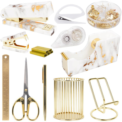 Office Desk Accessories Supplies - 13 Pcs Women Gold Marble Desk Decor Set, Cute Aesthetic Office Essentials Kit, Stapler Tape Dispenser Pen Organizer, Acrylic Mini Teacher Stuff for School Home Work