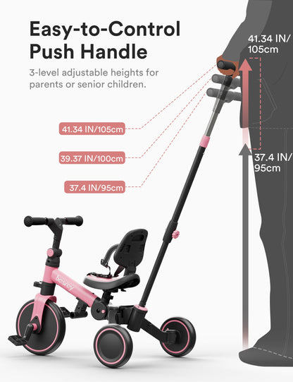 besrey 4 in 1 Toddler Bike, Toddler Tricycle for 1-3 Year Old, Trike with Push Handle, Backrest and Safety Belt, Birthday Gifts and Toys for Boys and Girls, Balance Bike
