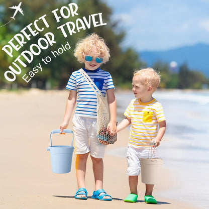 Hungdao 16 Pcs Silicone Beach Toys Travel Friendly Beach Set Colorful Toys Include 3 Silicone Bucket Pail, 3 Shovel, 9 Sand Molds, 1 Bag for Summer Pool Outdoor(Beige, Blue, Teal)