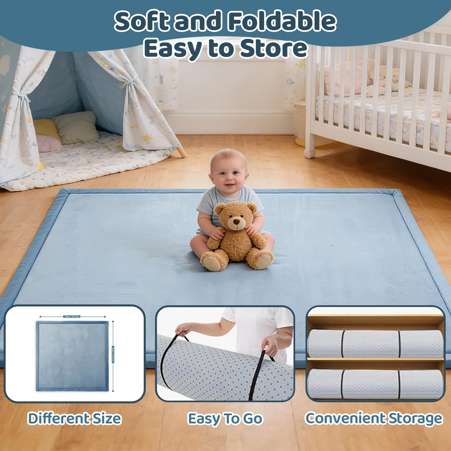 TreeBud Baby Play Mat for Floor, 1.3 Inch Thick Memory Foam Tummy Time Mat with Non Slip Backing, Soft Coral Velvet 71X79 Inch Playpen Mat Crawling Tatami for Infants Toddlers Kids, Midnight Blue
