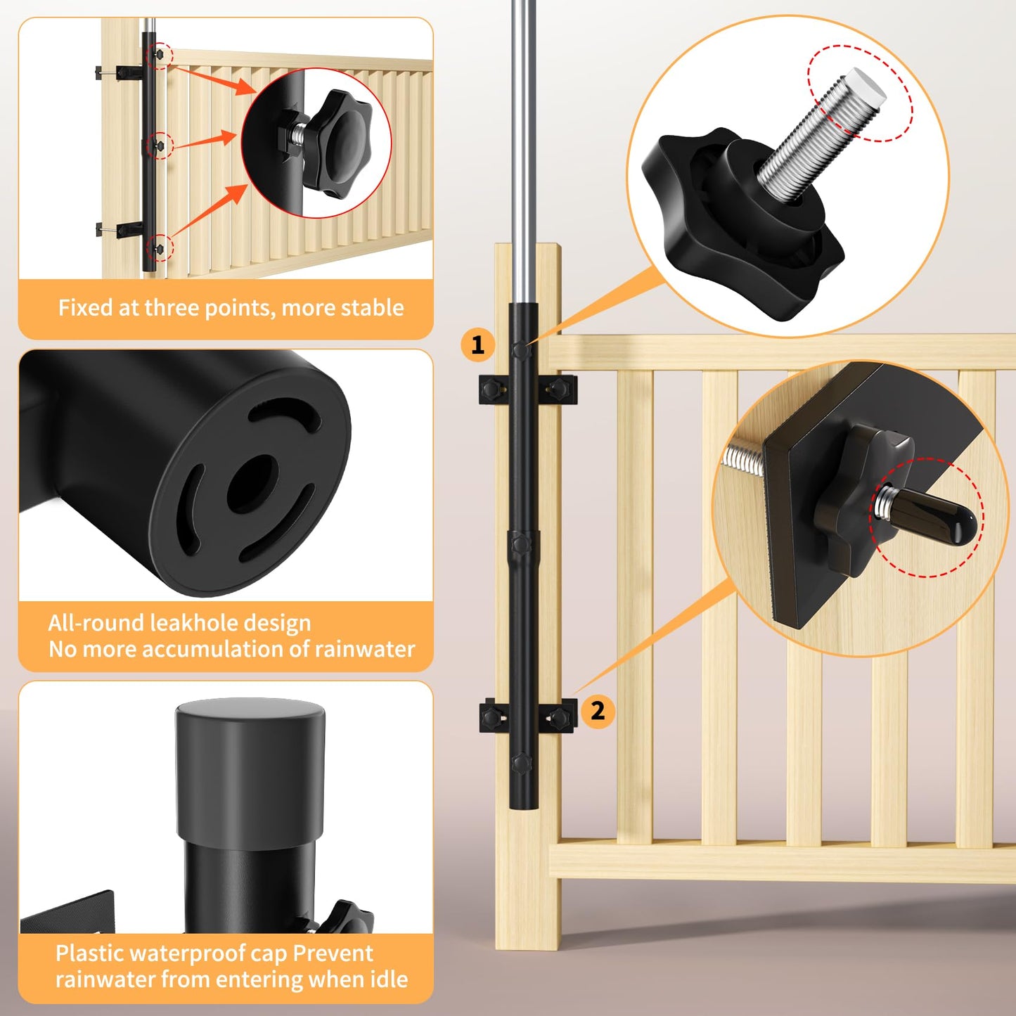 Heavy-Duty Patio Umbrella Holder for Deck Railing - Stainless Steel Windproof Outdoor Patio Umbrella Base and Mount Brackets Attachable to Railing, Fits Pole ≤1.6'' & Post <3.3" - Space Saving, Black