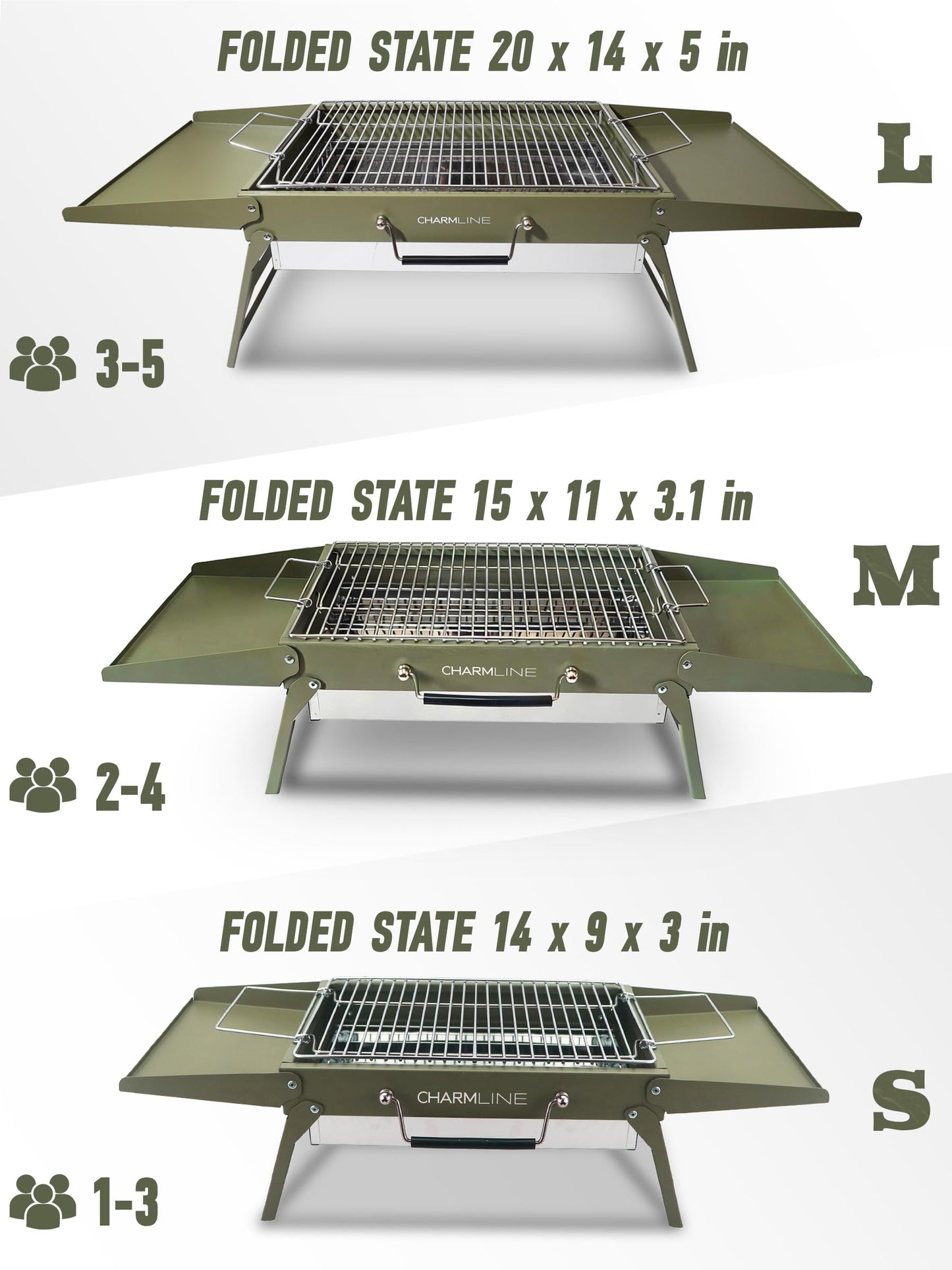 Charmline 14 x 9 inches Portable Charcoal BBQ Grill, Foldable Compact Camping Barbecue for 1–3 People, Ideal for Garden, Beach, Picnic & Tabletop Use, Green