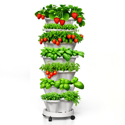 Lykvrii Strawberry Planters, 7 Tiered Vertical Stackable Planter, Herb Stacking Tower Garden, Flower Vegetable Planters with Support Pole, Indoor & Outdoor with Removable Wheels - White