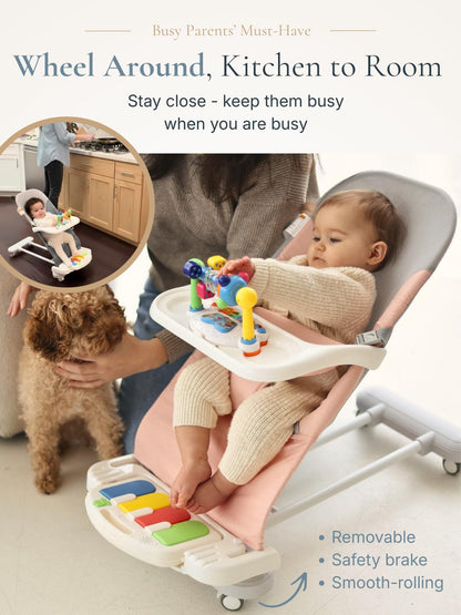 CuddoBaby Baby Bouncer 4-in-1 on Wheels |Detachable Pianos, Feeding Tray| 3-Level Recline Foldable Seat with Play Bar for Infant to Toddler 0-6, 0-12, 12-24 Months, Boy Gift Idea - Blue