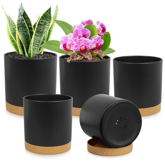 WSMKSZ 5 Pack Cylindrical Flower Pots with 7/6.5/6/5/4 inch, Modern Small Plastic Plant Pots with Drainage Holes & Saucers, Round Planter Pots for Outdoor, Indoor & Office Decor (Black Brown)