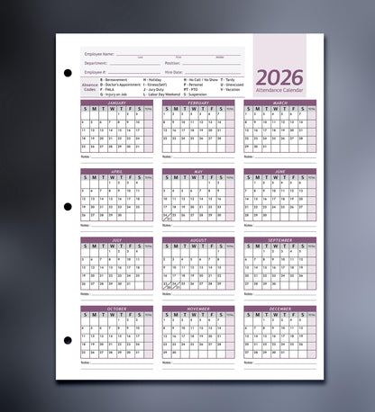 Attendance Calendar Employee Card Attendance Record Tracker 2026, Heavy 100lb Cardstock Paper 8.5 x 11 inches (Purple, Pack of 25 Sheets)