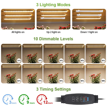 8.6'' LED Grow Light Strips, Full Spectrum 3500K Grow Lights for Indoor Plants, 3 Head with 3/9/12H Timer, 10 Dimmable Levels, Suitable for Seedling, Succulent, Plant Shelf and Greenhouse, 1-Pack