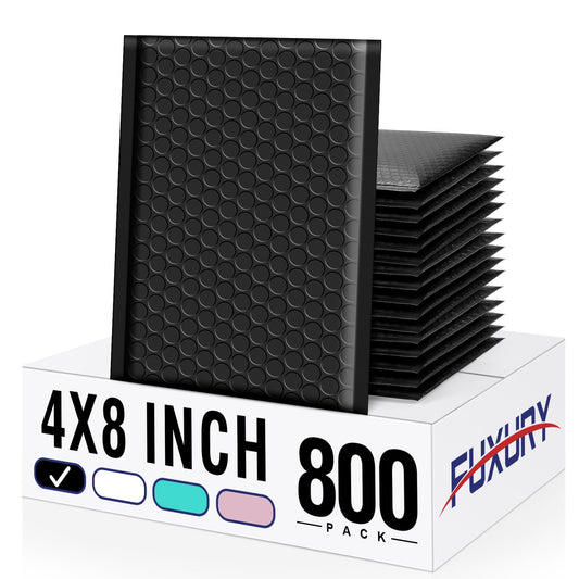 Fuxury Bubble Mailers 4x8" 800Pcs Bulk, Waterproof Padded Envelopes Usable Size 4x7", Cushioning Small Mailing Envelopes,Padded Mailers for Mailing Jewelry Makeup Small Business, #000 Black