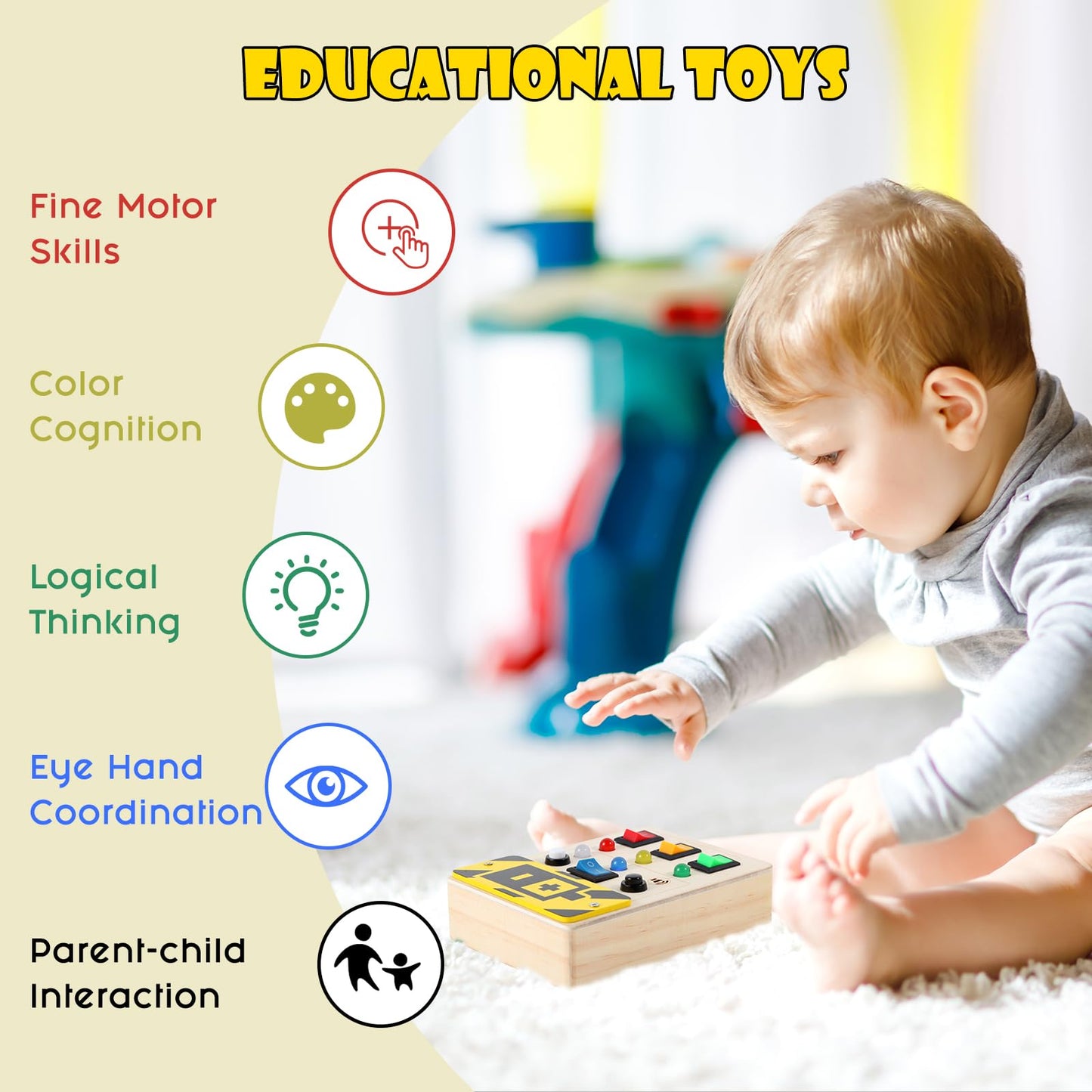 Asweets Montessori Busy Board for Toddler, Wooden Busy Board with LED Light Switches, Sensory Autism Toys Baby Travel Toys, Boys Girls Gifts for Birthday Christmas