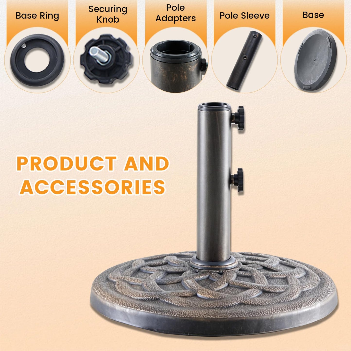 NEWBULIG 22 LBS Patio Umbrella Base, Heavy-Duty Resin Outdoor Umbrella Stand, Weather-Resistant Powder Coated Umbrella Holder for Garden/Backyard/Deck/Pool, 2 Securing Knobs & 2 Rod Adapters, Bronze