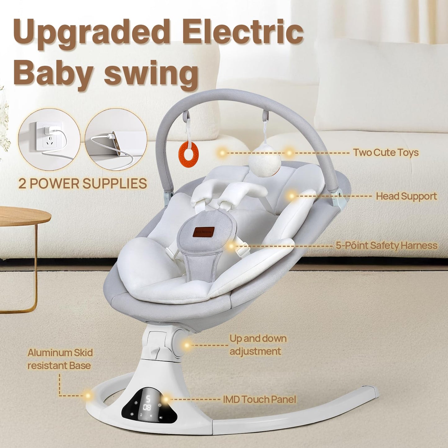 Baby Swings, Infant Swing with Remote Control, 5 Speed Adjustable, Machine Washable Seat Pad, 5 Point Harness, Bluetooth Connection, Electric Baby Swing for Indoor Use (Gray)