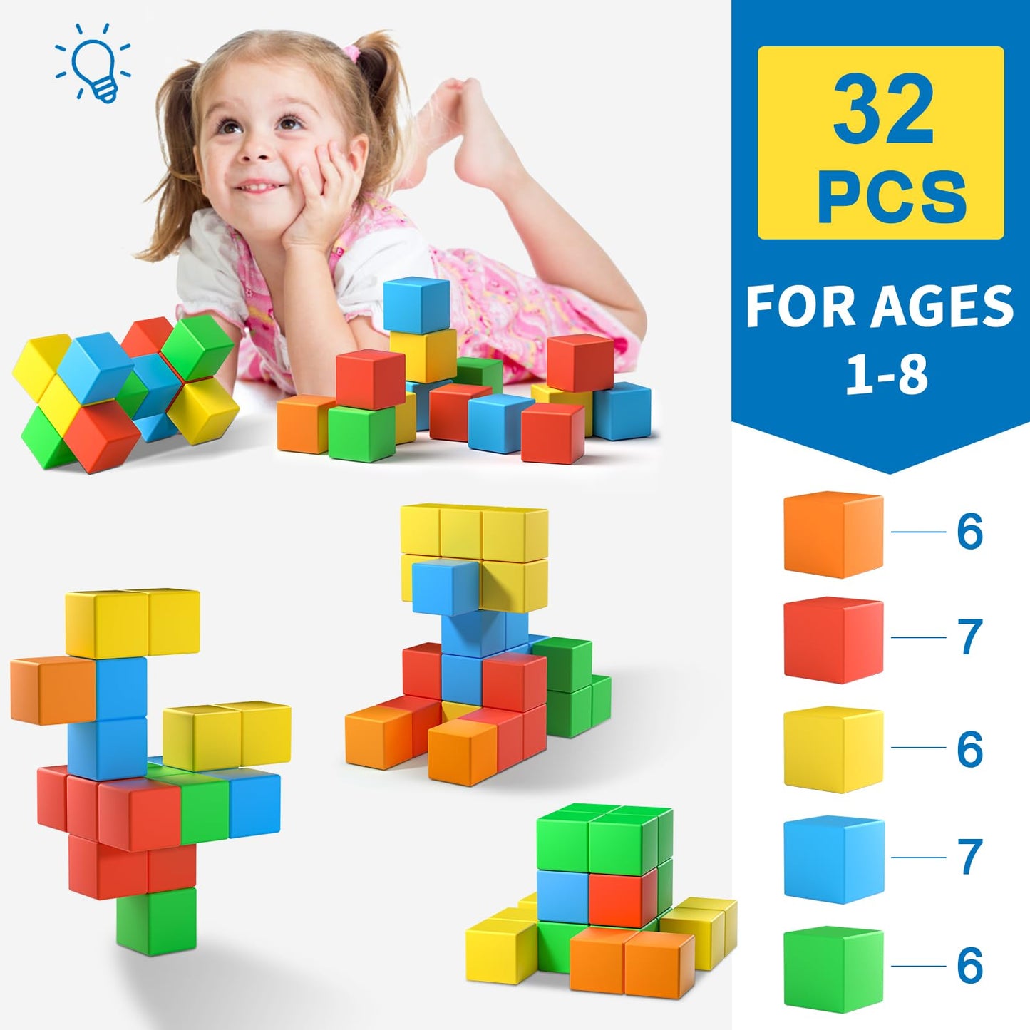 Magnetic Blocks,1.42 inch 32pcs Large Magnetic Building Block for Toddlers 3 4 5 6 7 8 Year Old Boys Girls Color Magnet Cubes Learning Toys for Kids 1-3 Sensory Toys Age 4-8 Christmas Birthday Gifts