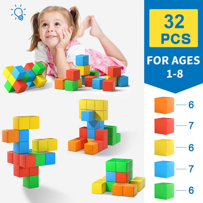 Magnetic Blocks,1.42 inch 32pcs Large Magnetic Building Block for Toddlers 3 4 5 6 7 8 Year Old Boys Girls Color Magnet Cubes Learning Toys for Kids 1-3 Sensory Toys Age 4-8 Christmas Birthday Gifts