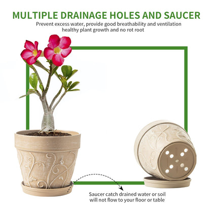 Melphoe Plant Pots Indoor with Drainage & Saucer, 2Pack 7 inch Flower Pots Outdoor Planters for Indoor Plants Garden Home Decor Cactus Succulent, Rigid Plastic (Imitation-Terracotta) Vine-Embossed